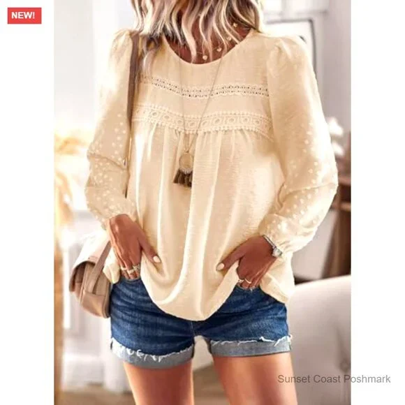 Swiss Dot Puff Sleeve Boho Top in Cream Crochet Lace Edges Coquette Spring New - Picture 5 of 7